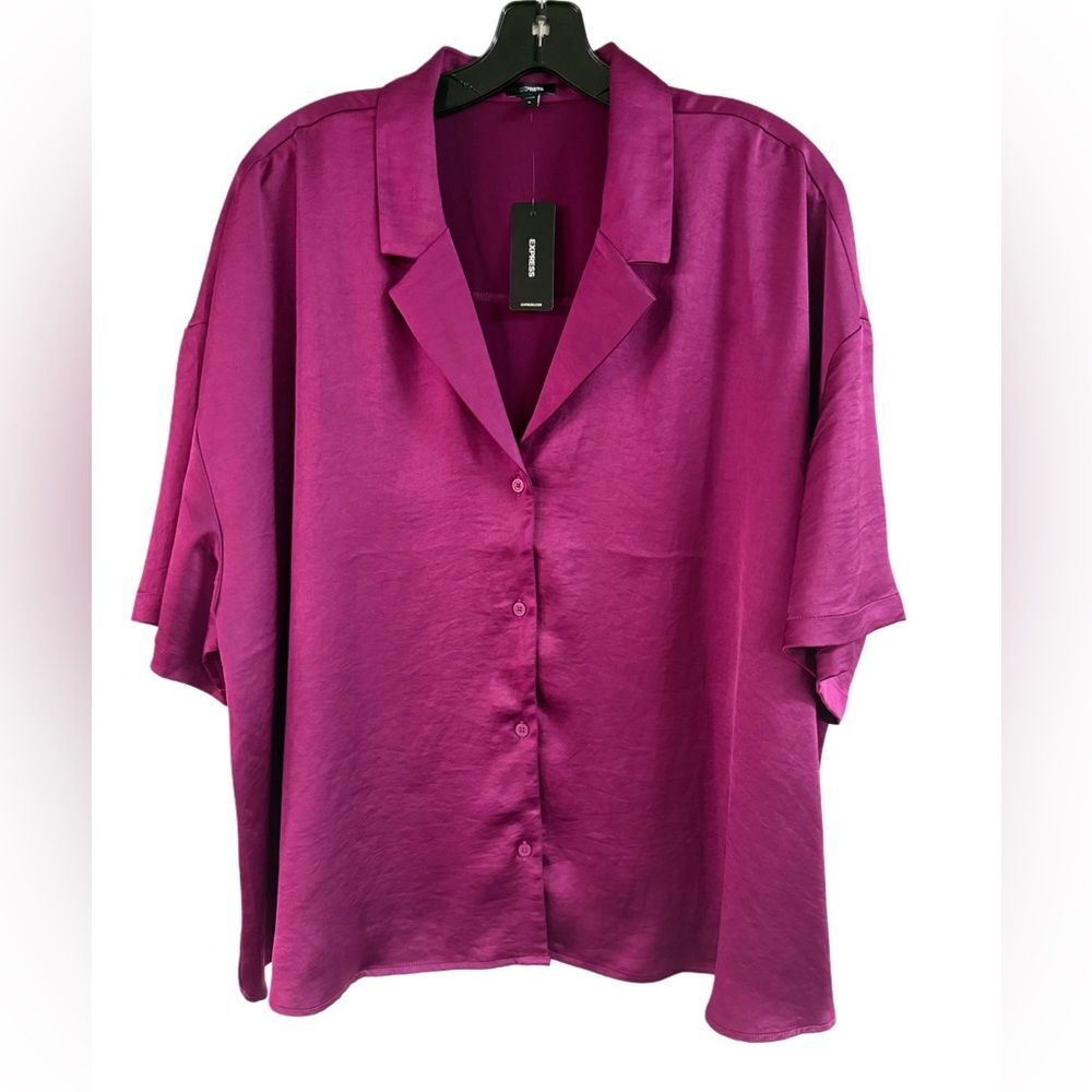 NWT Epress Fuchsia Satin Boxy Button Down Top Size XL